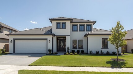 Fototapeta premium Modern two-story suburban house with clean architectural design, white exterior walls, black-framed windows, green lawn, and spacious driveway under clear blue sky
