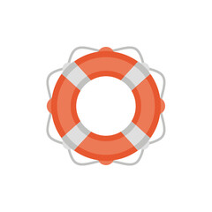 Illustration of an orange life preserver with white stripes and a rope around it on a plain setting