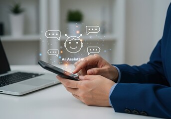 Man using smartphone with ai chatbot interface overlay