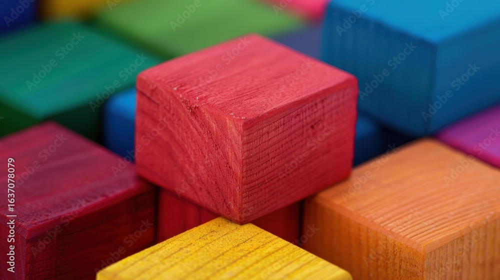 Poster vibrant array of wooden blocks set in a spectrum, perfect for backgrounds that inspire creativity an
