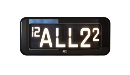 Digital clock face, black frame, glowing white numbers, displaying "ALL22