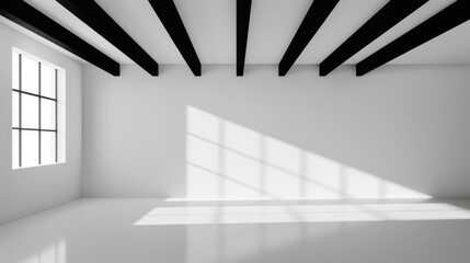 Fototapeta premium Bright white room featuring striking black ceiling beams, ideal for small offices or school setups. Flexible and spacious.