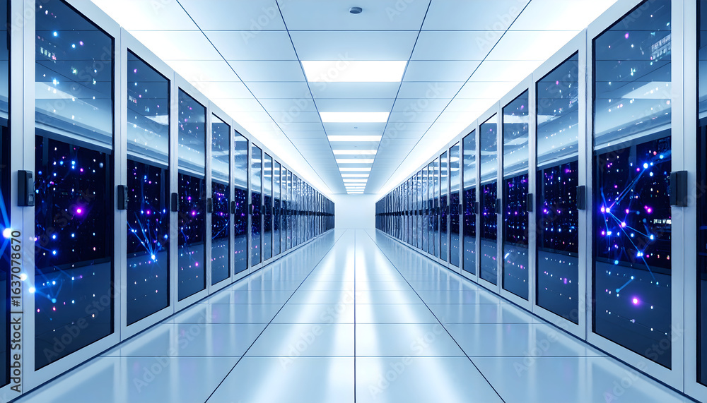 Aufkleber modern server room data center with rows of server racks and network equipment