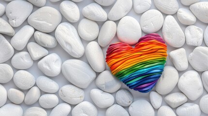 Celebrate World Autism Awareness Day with a vibrant display of colorful stones shaped as hearts on a serene beach backdrop.