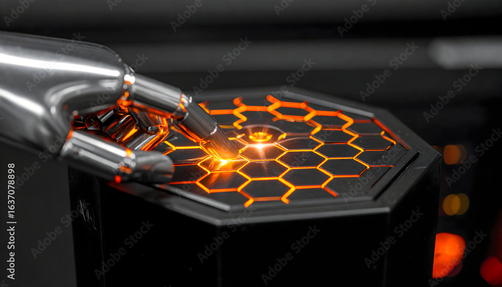 Poster robotic hand interacting with luminous hexagonal interface represents future technology