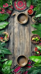 Fototapeta premium Vibrant Tropical Plants and Bowls on Rustic Wood