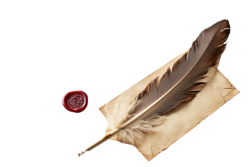 Antique quill pen, feather, and sealed letter.  A vintage-style quill pen rests on a aged parchment letter. A red wax seal sits beside the letter