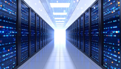 Server Room Data Center with Rows of Rack Servers for Cloud Computing and IT Infrastructure