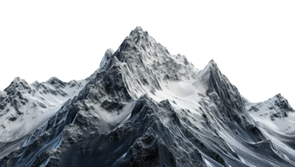 A snow-capped mountain peak dominates the image.  Sharp, jagged peaks and ridges are highlighted against a dark background. 