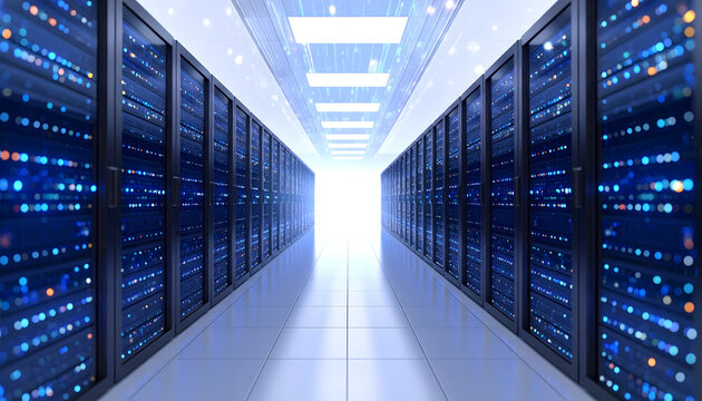 Server Room Data Center with Rows of Rack Servers for Cloud Computing and IT Infrastructure