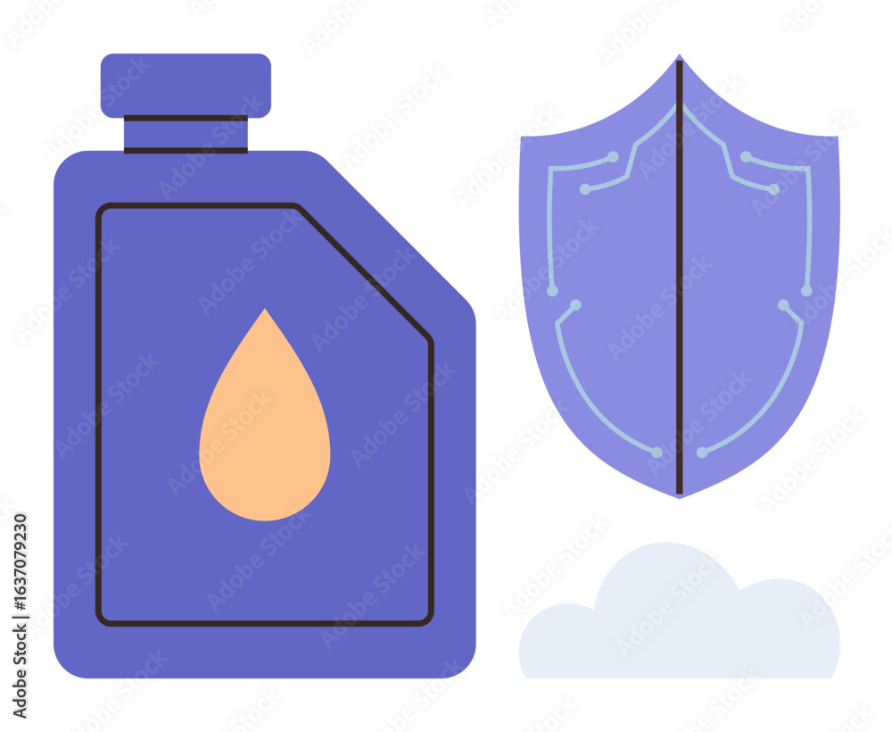 Aufkleber oil container with a drop icon, protective shield with circuitry pattern, and a small cloud. ideal f