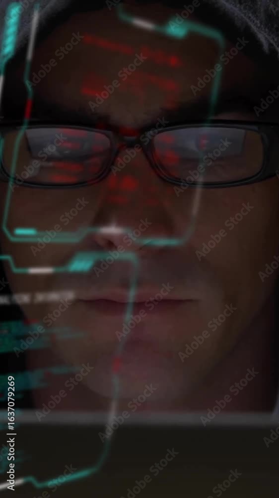 Aufkleber animation of digital data processing on screens over caucasian man using computer