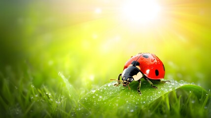 Obraz premium Dewy Ladybug on Green Leaf, Spring Nature Macro Photography