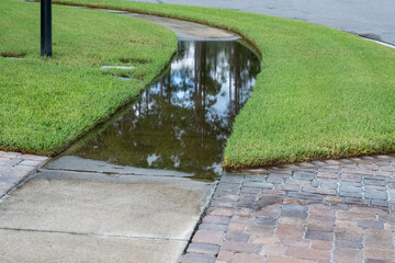 Severe Drainage Issue on a Sidewalk as Water from a heavy rain Has Created a large puddle