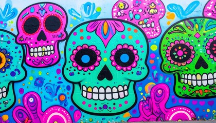Vibrant mural of colorful sugar skulls