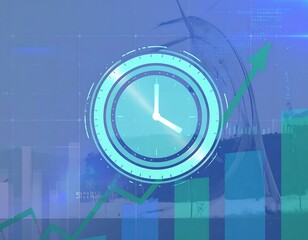 Futuristic clock graphic overlaid on financial data