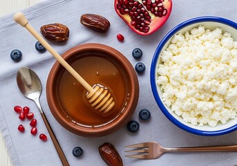 Fototapeta premium Healthy breakfast with cottage cheese, honey, dates, blueberries, and pomegranate seeds
