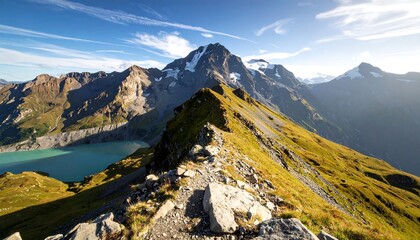 Mountain ridge trail overlooking turquoise lake and peaks under sunny sky