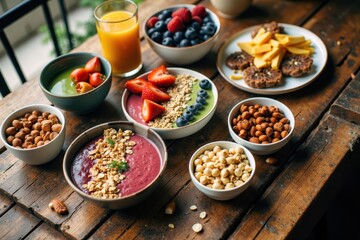 Colorful Healthy Breakfast Bowls and Fresh Fruits on Rustic Wooden Table