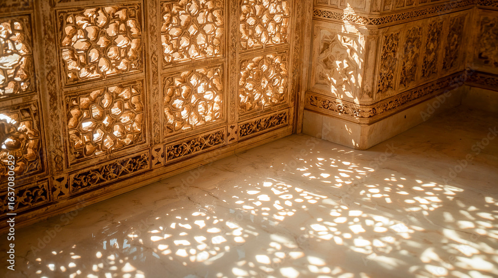 Poster sunlight streams through intricate geometric stone lattice work, casting dappled shadows on a polish