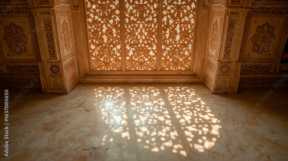 Poster sunlight streams through intricate ornate latticework, casting dappled shadows on a marble floor in 