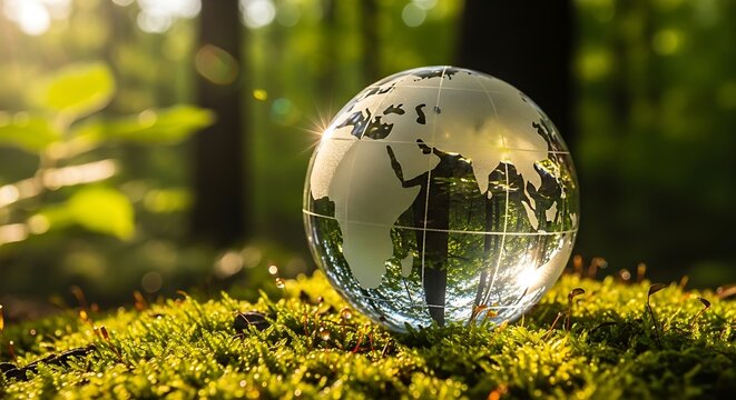 Glass Globe Of The Earth Rests On Sun-Kissed Green Moss In A Lush Forest, With Sunlight Streaming Through The Trees And Reflecting On The Globe, environmental conservation, Earth Day