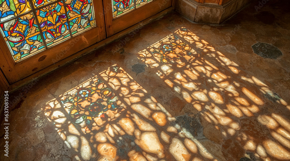 Poster sunlight streams through a colorful stained glass window, casting intricate, dappled patterns on a r
