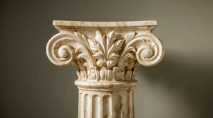 A detailed close-up shot of an ornate Ionic column capital, carved from marble with intricate scrollwork and acanthus leaves, set against a plain background.