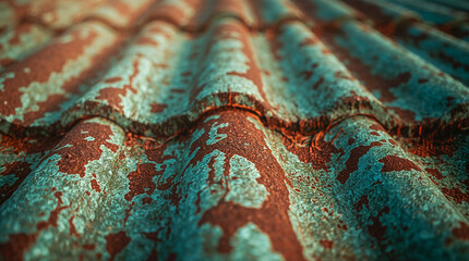 Close-up of weathered corrugated metal roof with peeling turquoise paint and rust, creating a textured, abstract pattern.