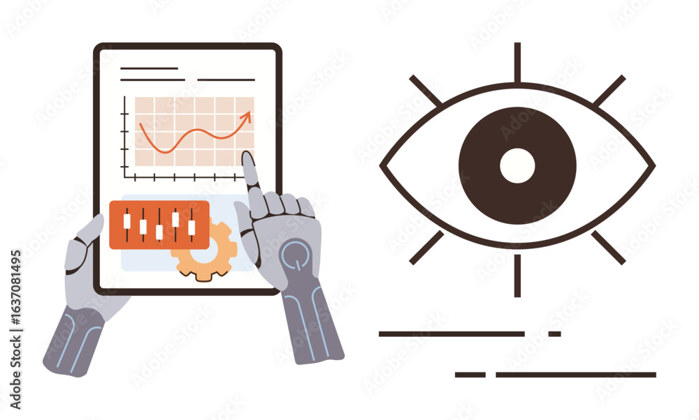 Poster robotic hands using a tablet with charts and a cogwheel. adjacent eye symbol signifies vision, data 