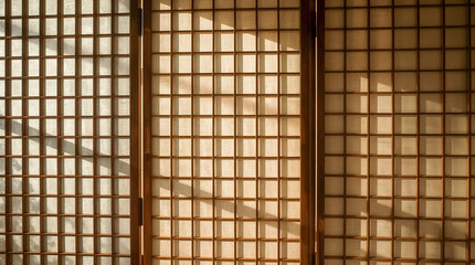 A close-up of a traditional Japanese screen with a grid pattern, illuminated by soft, warm sunlight casting shadows.