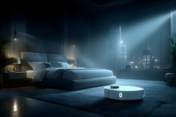 a bed with a night light on it, juno promotional image, sleek robot, unreal engine hd render,