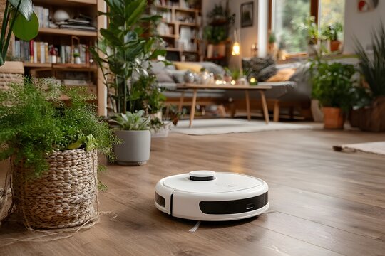 a roomba is sitting on the floor in front of a plant, diaper disposal robot, irobot,