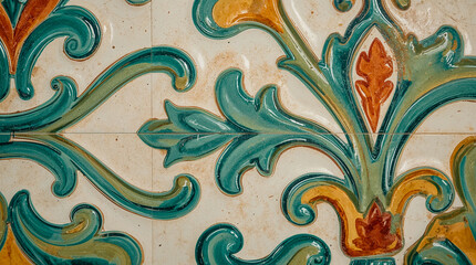 Close-up view of antique Portuguese Azulejo tiles featuring intricate teal, ochre, and terracotta floral motifs on a cream background.