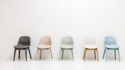 Row of pastel-colored chairs against a white wall, studio shot.
