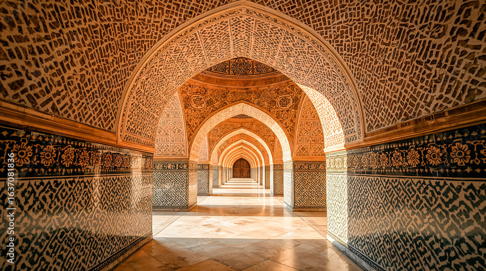 Poster an ornate corridor with a series of arches, featuring intricate geometric patterns and decorative ti
