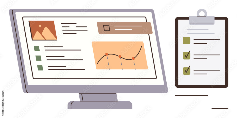 Poster computer monitor showing charts, images, and task lists alongside standing clipboard with completed 