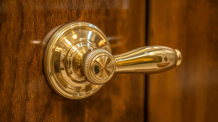 Obraz premium A polished brass door handle with intricate detailing, set against a rich, polished wooden surface. The reflection on the metal suggests a warm, interior setting.