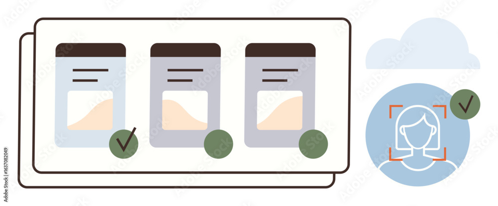 Poster data cards with verified marks beside a cloud, paired with a face recognition profile. ideal for sec
