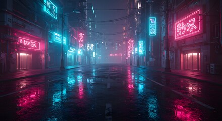 Immersive cyberpunk cityscape at night with vibrant neon signs reflecting on wet streets creating a futuristic atmosphere