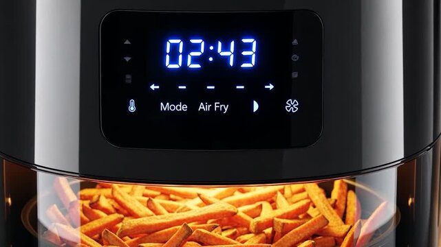 Air Fryer Cooking Golden French Fries with Digital Timer Display