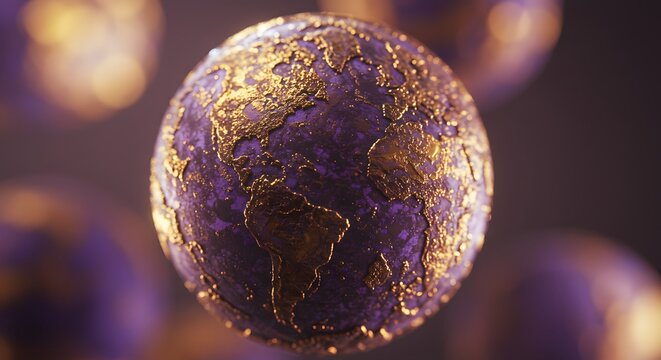 Luxurious golden planet Earth texture with deep purple hues, symbolizing global wealth and opportunity.
