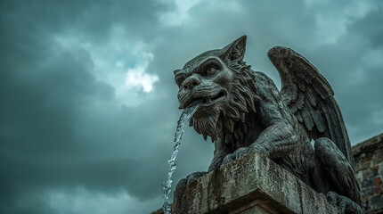 Fototapeta premium A stone gargoyle fountain with water streaming from its mouth against a dramatic, cloudy sky. The creature has a fierce expression and large wings.