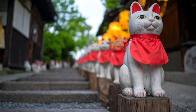 Stone cats on temple steps - Powered by Adobe