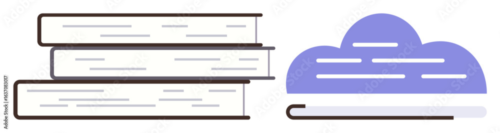Poster stack of three books and digital cloud, symbolizing traditional and modern approaches to knowledge. 