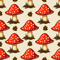 Seamless cartoon pattern with red fly agaric mushrooms, autumn leaves and grass on a beige background. Cute whimsical design perfect for textiles, wrapping paper and seasonal decor