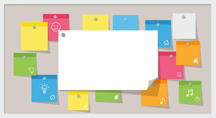 Colorful bulletin board with blank notes and cheerful sticky notes. Bulletin board displays vibrant colored notes in green, blue, pink, and orange, enhancing community communications.
