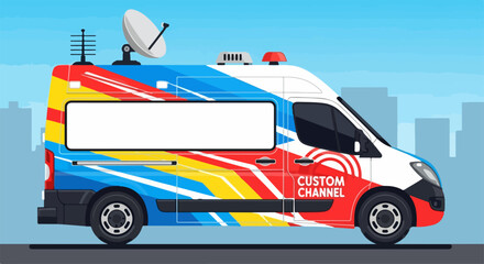 Dynamic news van illustration with colorful design and satellite dish on top, surrounded by urban skyline. Eye-catching news van features vibrant colors, ideal for local news bulletin.