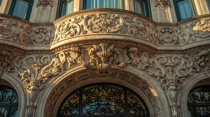 Intricate architectural details of a building facade, featuring ornate carvings, arches, and decorative elements illuminated by warm sunlight.