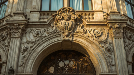 Detailed view of ornate stone architectural details on a building facade, featuring a large arch, carved motifs, and columns, bathed in warm sunlight.